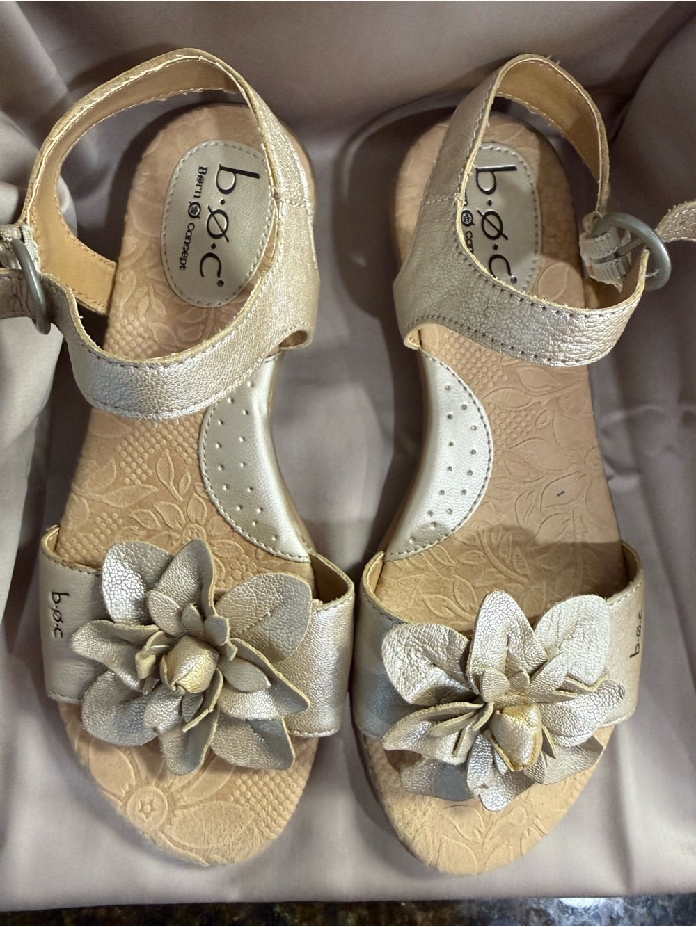 b.o.c. Metallic Gold Floral Strap Sandals